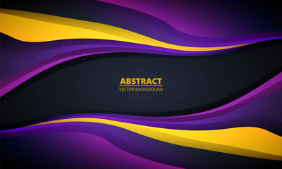 Dark abstract background with yellow and purple colored dynamic wave shapes. Graphic design background template with dark violet and yellow curve shapes. Vector illustration