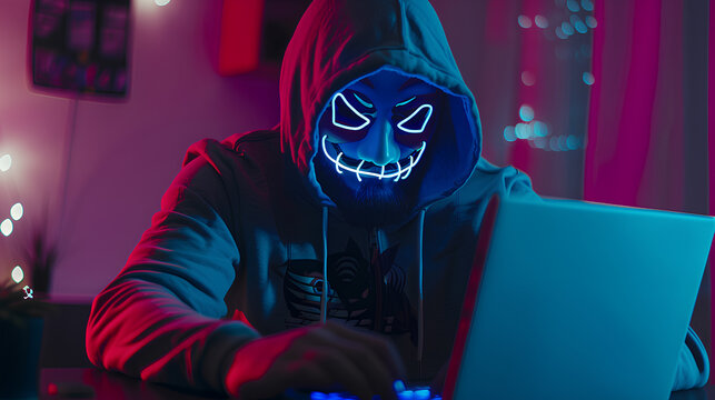 A man is wearing a hoodie and holding a laptop. The image has a dark and mysterious mood, with the man's face obscured by the hood and the laptop screen