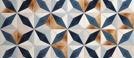 Blue and brown tiles arranged in a decorative pattern on the surface of a wall, creating a visually appealing design