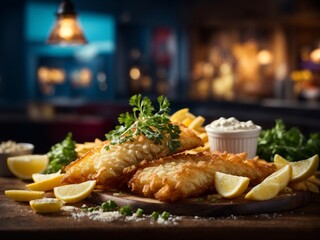 Famous British fish and chips, cinematic food photography  - obrazy, fototapety, plakaty