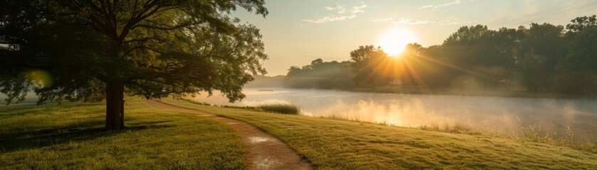 Sunrise in a serene park dew on grass