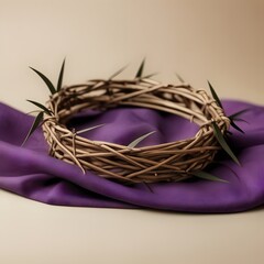 Crown of thorns with palm leaf and purple fabric on a beige background. Good Friday, Palm Sunday, Easter