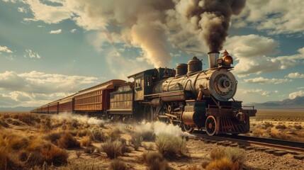 Train chugging through the Wild West smoke trailing against the vast - obrazy, fototapety, plakaty