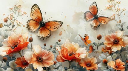 watercolor corner accents of small pastel and muted pastel floral and follaige and delicate butterflies on isolated white background
