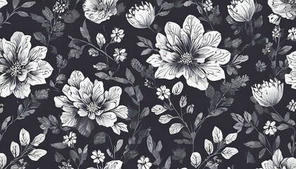 black and white floral pattern on a dark background - obrazy, fototapety, plakaty