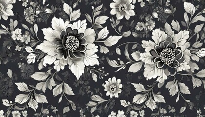 black and white floral pattern on a dark background
