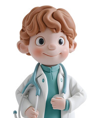 3D cartoon doctor with a stethoscope and a smile on his face isolated on transparent Background.