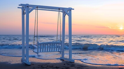 Romantic white wooden swing set on the beach by sunset