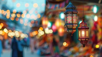 Arabic decorative lantern or lamp on the street bokeh background with copy space. Ramadan Kareem...