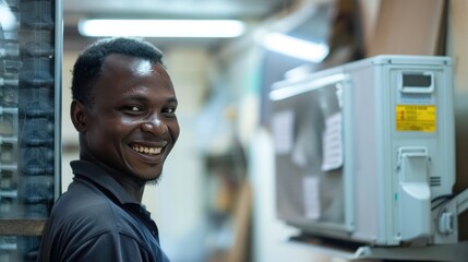 A smiling technician standing beside server racks in a data center, exuding confidence and professionalism in his work environment.