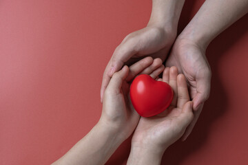 red heart in adult hands , health care, organ donation, family life insurance, world heart day, brain stroke. love concept.