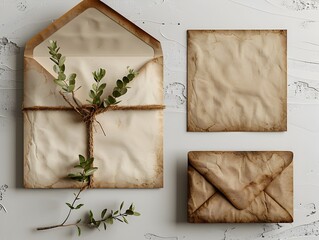 Minimalist Rustic Envelope and Parchment Paper Tied with Botanical Twigs