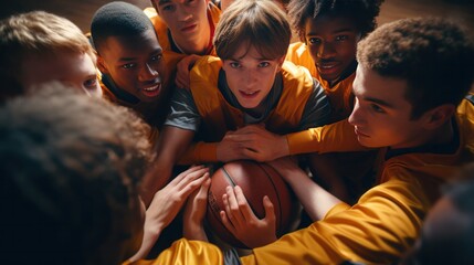 A diverse group of young basketball players huddle, showing teamwork and determination, hands united over a basketball, focused and ready.