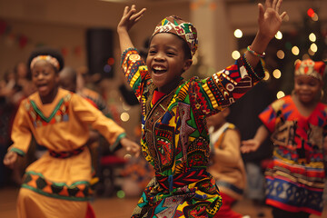 A family celebrates Kwanzaa, honoring African heritage through lively dance and song. - obrazy, fototapety, plakaty