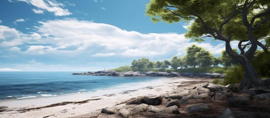 Fototapeta premium The tranquil beach displays a picturesque view of rocks and trees lining the shore near the calm water