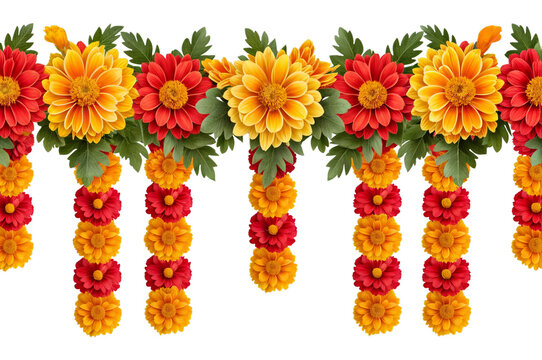Orange and red marigold flowers isolated on transparent background. Chinese mid autumn festival or toran Indian traditional Diwali decoration. Symbol of mexican holiday Day of dead