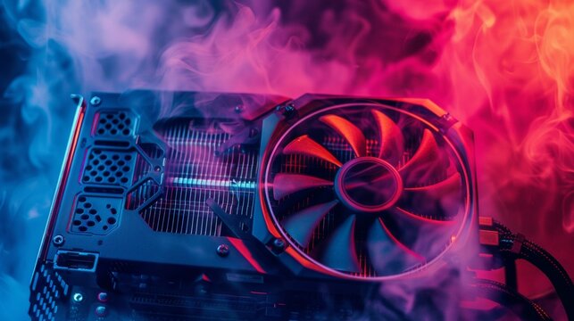 A computer processor unit is shown with a red and blue fan attached to it. The fan is spinning rapidly, indicating active cooling of the processor during operation.