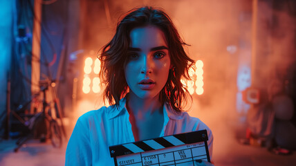 Obraz premium Captivating woman in cinematic studio, blue-orange palette, dynamic lighting.generative ai