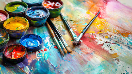 A lively scene with open paint pots and brushes on an artful background showcases a colorful...