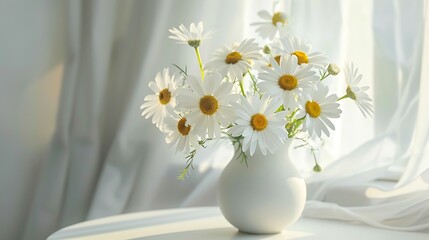 a bouquet of daisies in a white glass vase on a white table