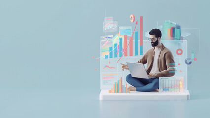 3D rendering of a focused man with a laptop amidst a dynamic display of floating charts and graphs.