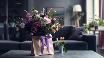 A bouquet of flowers in a paper bag with a purple ribbon stands on a gray table in a room near a dark sofa