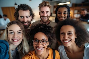 Multicultural happy people taking group selfie portrait in the office, diverse people celebrating together, Happy lifestyle and teamwork concept	
