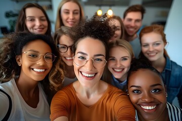 Obraz premium Multicultural happy people taking group selfie portrait in the office, diverse people celebrating together, Happy lifestyle and teamwork concept 