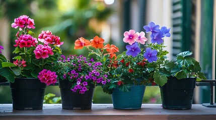 Fototapeta na wymiar Colorful flowers growing in pots on the balcony