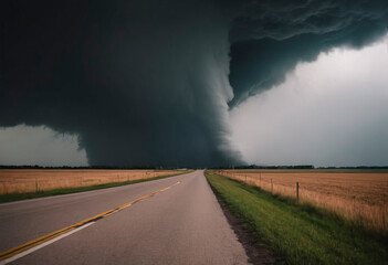 A large, scary black tornado moves slowly across the countryside.