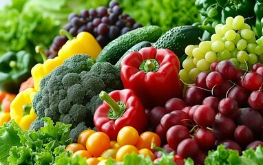 Display of fresh fruits and vegetables,soft focus on the background,healthy eating concept.