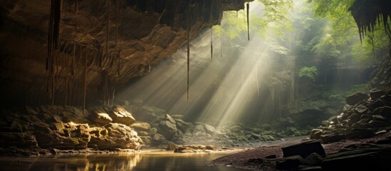 Sunlight beams filtering through the dense foliage of trees cascading into a hidden cave filled with crystal-clear water below - obrazy, fototapety, plakaty