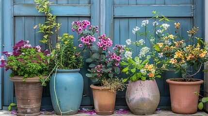plants and blossoms in pots on a doorstep prompting a nursery