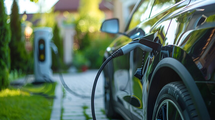 view of an Electric Car Charging Column and in the Car on charge in the downtown of Budapest Charging electric car at road parking lot, Generative Ai