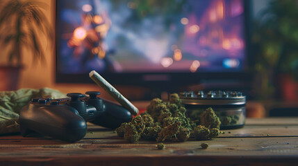 Video games and cannabis. Video game controller, big joint and grinder with marijuana buds on wooden table. Blur background of tv with video game. Generative Ai - obrazy, fototapety, plakaty