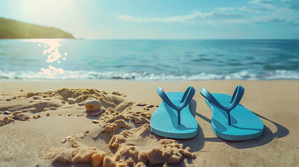 A pair of flip-flops lying on the sand on the beach close-up against the serene blue sea on a sunny day. No one in sight. Copy space. Background, wallpaper.