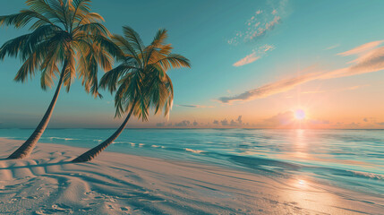 Gorgeous seascape with an empty resort beach at sunset with palm trees and long evening shadows. Nobody. Copy space. Background, wallpaper.