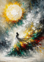 a woman in a flowing dress the sun and the moon