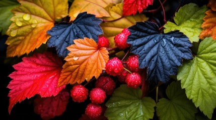 red leaves raspberry fruit