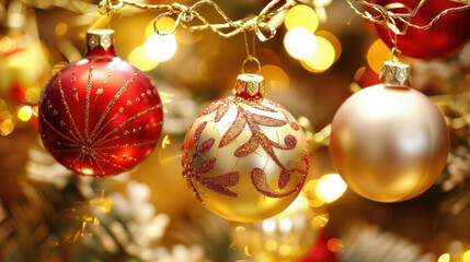 Christmas baubles hanging on a tree with golden lights.