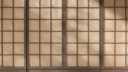 Blank traditional Japanese wooden shoji wall in dappled sunlight, tree leaf shadow on brown fabric for Asian interior design decoration, architecture, lifestyle product background 3D