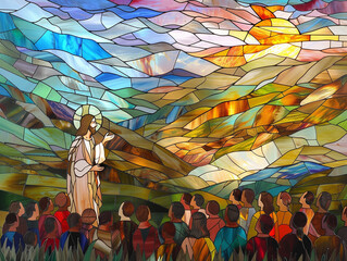 Stained Glass Art of Jesus Delivering the Beatitudes to a Multitude at Sunset
