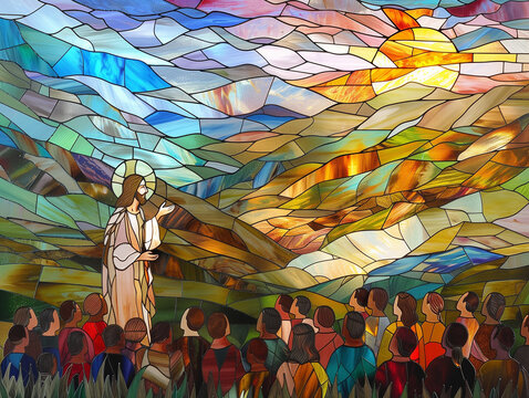 Stained Glass Art of Jesus Delivering the Beatitudes to a Multitude at Sunset