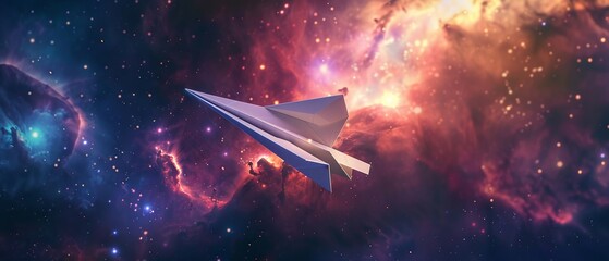 Through the infinite darkness of space, a paper airplane flies, illuminated by galaxies and cosmic lights, a serene voyage through the heavens , professional color grading