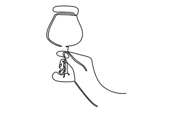 Continuous line drawing of hand that holding wine. This illustration is made in minimalism style. Perfect as a wall art decoration.