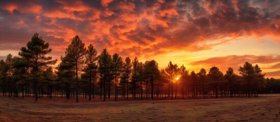 Capturing the tranquility of a beautiful sunset in a vast field surrounded by lush trees and green grass under the sky