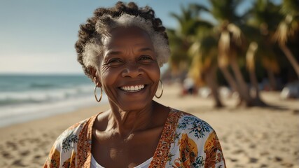 elderly black african woman on bright summer beach vacation background smiling happy looking at camera with copy space for banner backdrop from Generative AI - obrazy, fototapety, plakaty