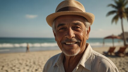 Fototapeta premium elderly hispanic man on bright summer beach vacation background smiling happy looking at camera with copy space for banner backdrop from Generative AI