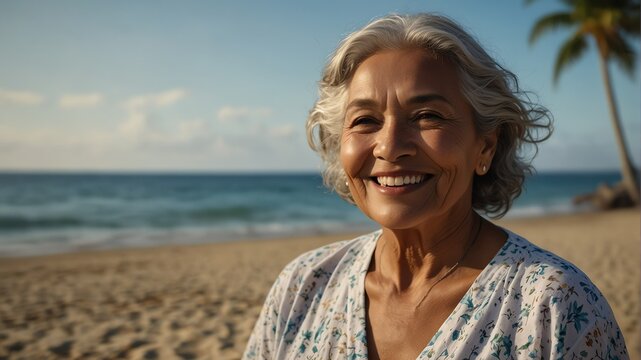 elderly pacific islander woman on bright summer beach vacation background smiling happy looking at camera with copy space for banner backdrop from Generative AI