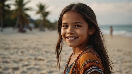 kid child indigenous girl on bright summer beach vacation background smiling happy looking at camera with copy space for banner backdrop from Generative AI
